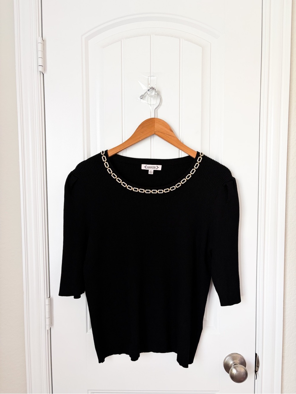 Nanette Lepore Black Scoop Neck Sweater with Gold Link Chain Trim Size XL